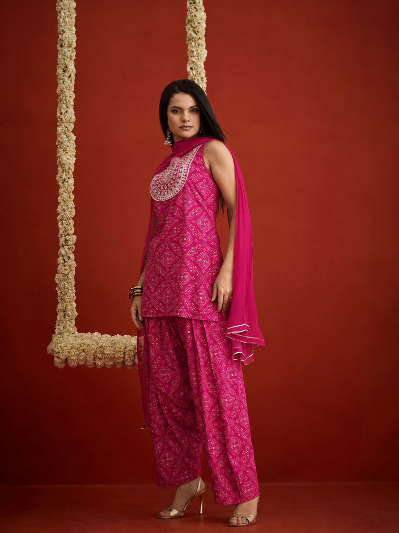 Stylum Women's Pink Bandhej Printed & Embroidered Rayon Straight Short Kurti Farshi Salwar Dupatta Set (KSDPINKNYCIL)