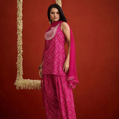 Stylum Women's Pink Bandhej Printed & Embroidered Rayon Straight Short Kurti Farshi Salwar Dupatta Set (KSDPINKNYCIL)