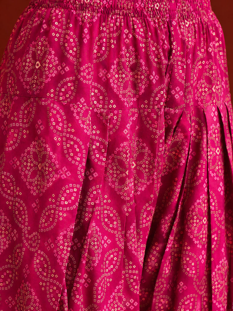 Stylum Women's Pink Bandhej Printed & Embroidered Rayon Straight Short Kurti Farshi Salwar Dupatta Set (KSDPINKNYCIL)