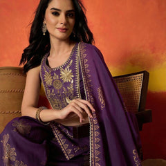 Stylum Women's Purple Gold Printed & Embroidered Rayon Straight Short Kurti Farshi Salwar Dupatta Set (KSDPURPLEAURELIA)