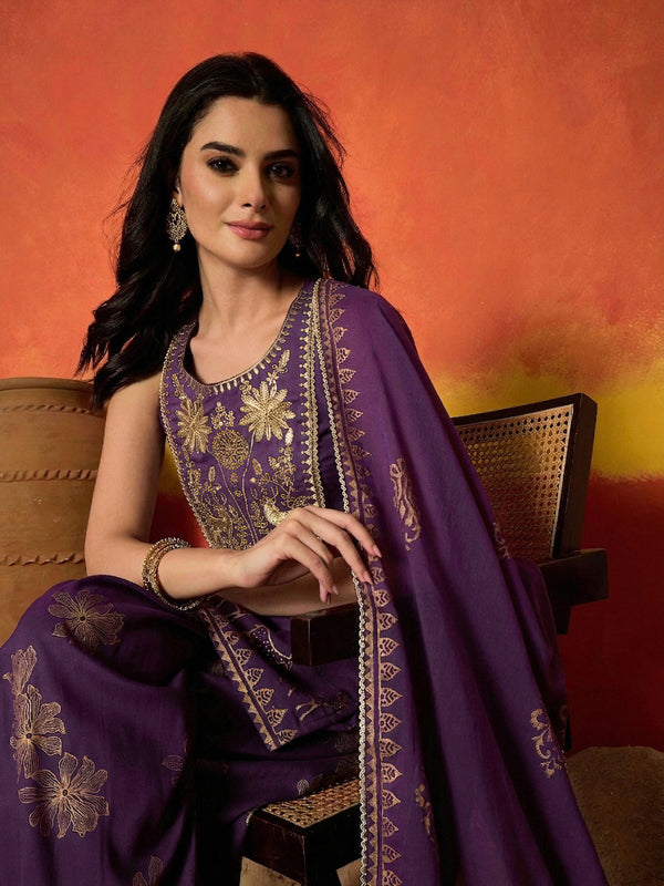 Stylum Women's Purple Gold Printed & Embroidered Rayon Straight Short Kurti Farshi Salwar Dupatta Set (KSDPURPLEAURELIA)