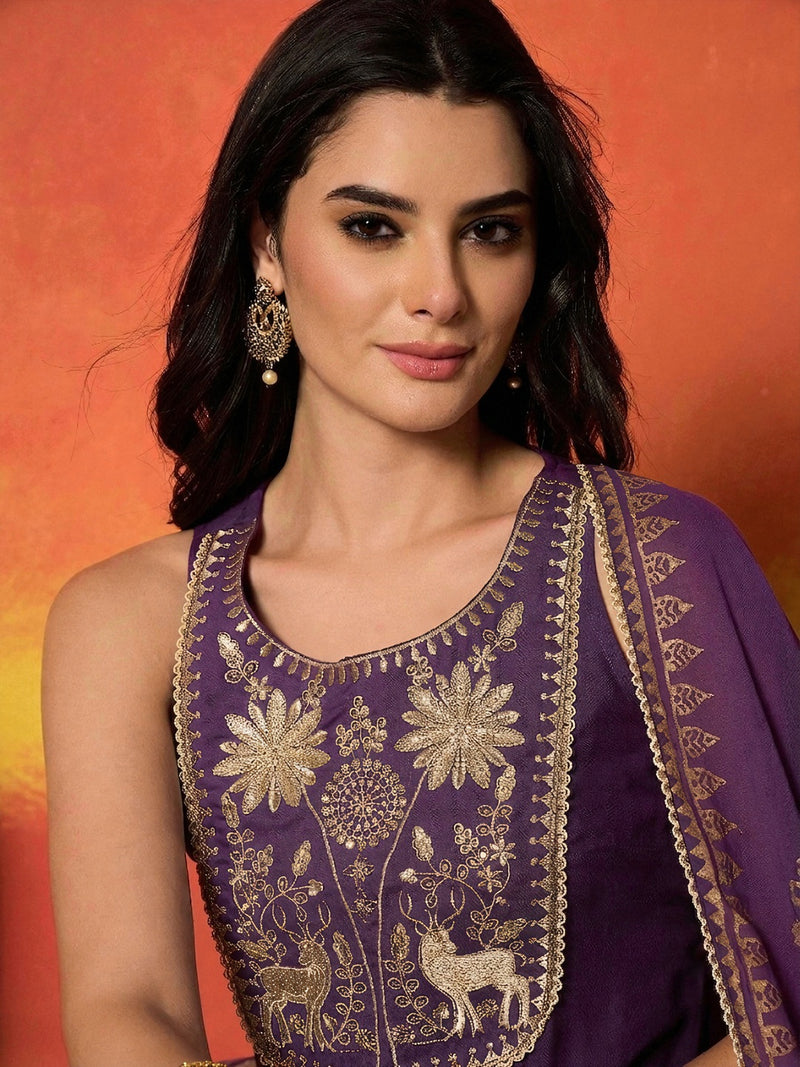 Stylum Women's Purple Gold Printed & Embroidered Rayon Straight Short Kurti Farshi Salwar Dupatta Set (KSDPURPLEAURELIA)