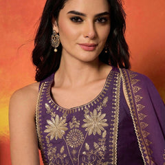 Stylum Women's Purple Gold Printed & Embroidered Rayon Straight Short Kurti Farshi Salwar Dupatta Set (KSDPURPLEAURELIA)