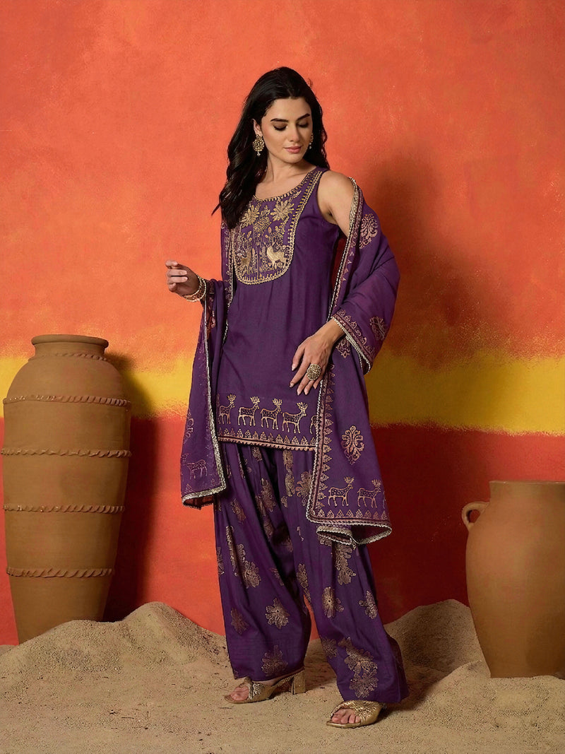 Stylum Women's Purple Gold Printed & Embroidered Rayon Straight Short Kurti Farshi Salwar Dupatta Set (KSDPURPLEAURELIA)