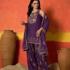 Stylum Women's Purple Gold Printed & Embroidered Rayon Straight Short Kurti Farshi Salwar Dupatta Set (KSDPURPLEAURELIA)