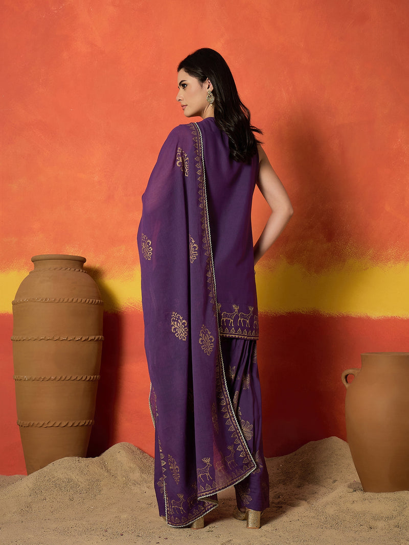 Stylum Women's Purple Gold Printed & Embroidered Rayon Straight Short Kurti Farshi Salwar Dupatta Set (KSDPURPLEAURELIA)