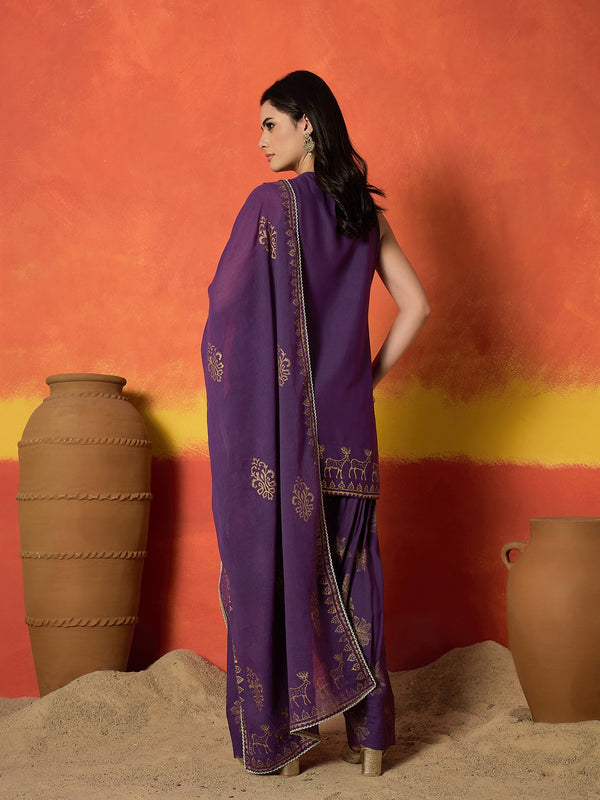 Stylum Women's Purple Gold Printed & Embroidered Rayon Straight Short Kurti Farshi Salwar Dupatta Set (KSDPURPLEAURELIA)