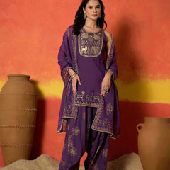 Stylum Women's Purple Gold Printed & Embroidered Rayon Straight Short Kurti Farshi Salwar Dupatta Set (KSDPURPLEAURELIA)