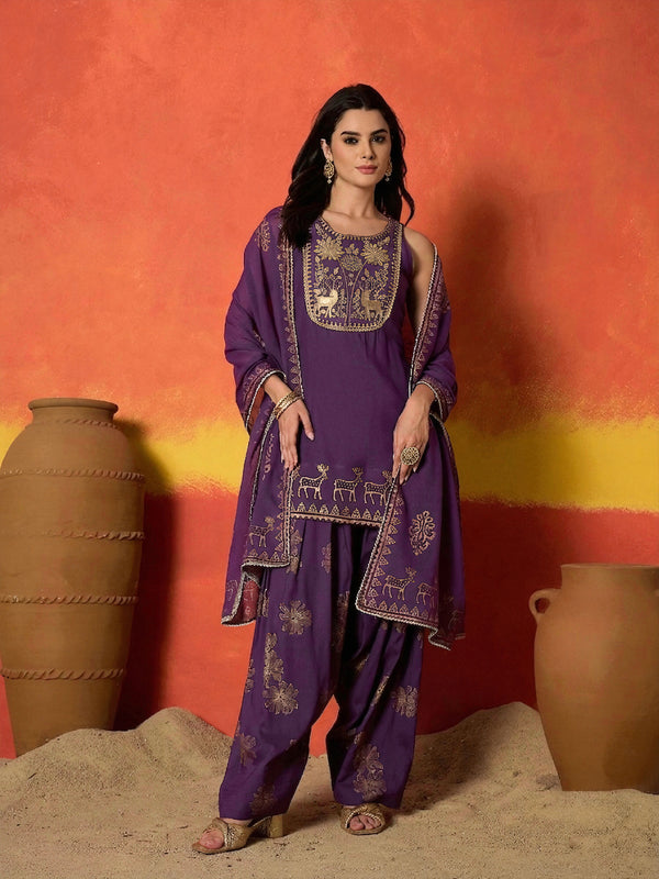 Stylum Women's Purple Gold Printed & Embroidered Rayon Straight Short Kurti Farshi Salwar Dupatta Set (KSDPURPLEAURELIA)