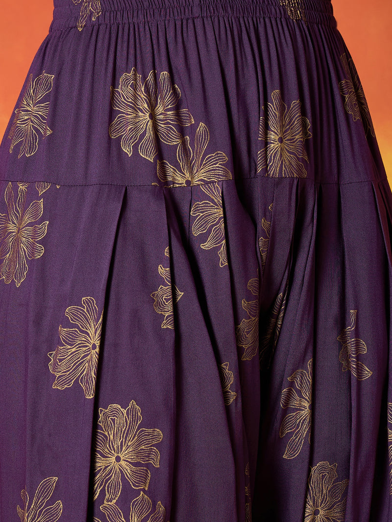 Stylum Women's Purple Gold Printed & Embroidered Rayon Straight Short Kurti Farshi Salwar Dupatta Set (KSDPURPLEAURELIA)