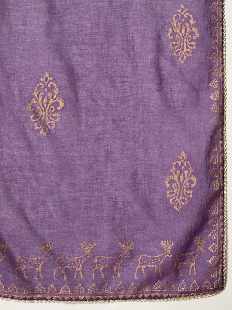 Stylum Women's Purple Gold Printed & Embroidered Rayon Straight Short Kurti Farshi Salwar Dupatta Set (KSDPURPLEAURELIA)