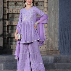 Stylum Women's Bandhej Printed & Embroidered Kurta Sharara Dupatta Set (KSDPURPLEBERRY)