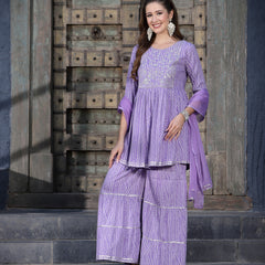 Stylum Women's Bandhej Printed & Embroidered Kurta Sharara Dupatta Set (KSDPURPLEBERRY)