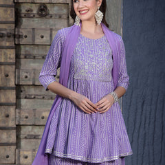 Stylum Women's Bandhej Printed & Embroidered Kurta Sharara Dupatta Set (KSDPURPLEBERRY)