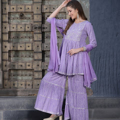 Stylum Women's Bandhej Printed & Embroidered Kurta Sharara Dupatta Set (KSDPURPLEBERRY)