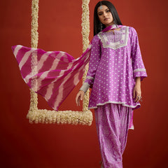 Stylum Women's Purple Bandhej Printed & Embroidered Rayon A-Line Short Kurti Farshi Salwar Dupatta Set (KSDPURPLEMARVIN)