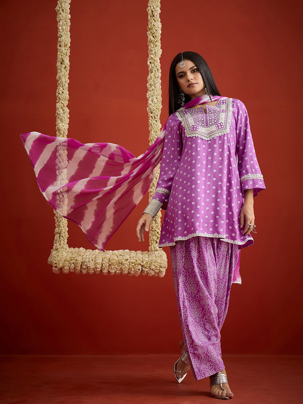 Stylum Women's Purple Bandhej Printed & Embroidered Rayon A-Line Short Kurti Farshi Salwar Dupatta Set (KSDPURPLEMARVIN)