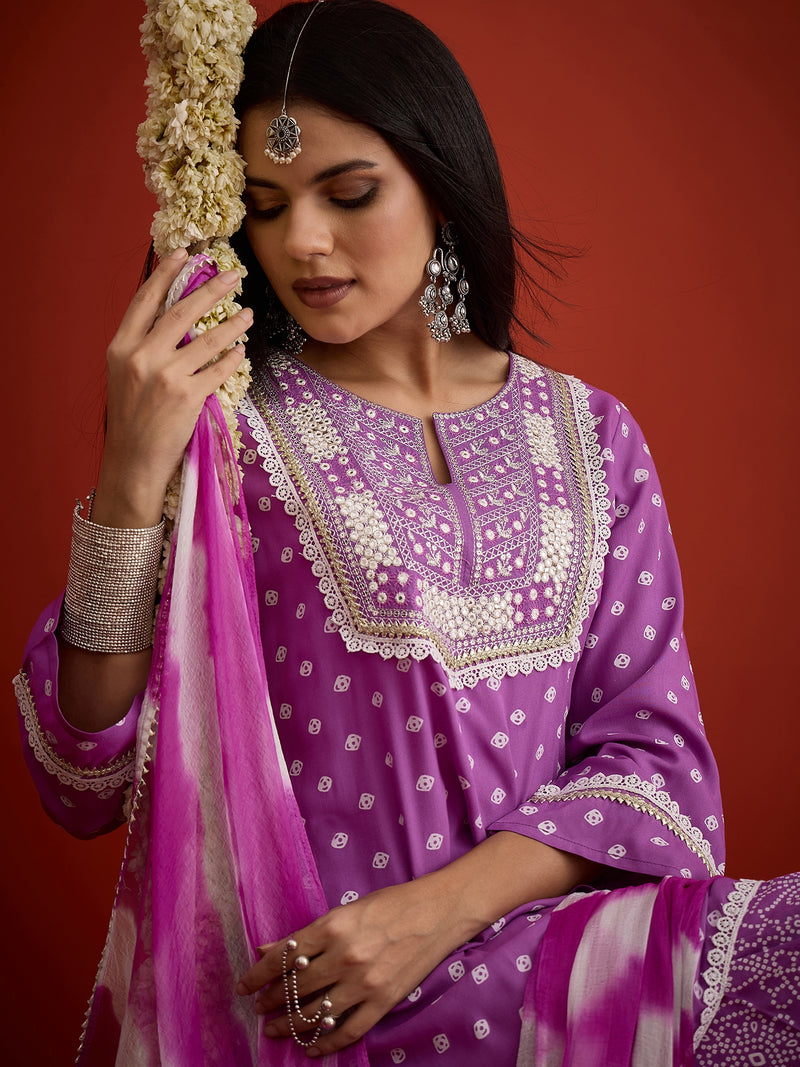 Stylum Women's Purple Bandhej Printed & Embroidered Rayon A-Line Short Kurti Farshi Salwar Dupatta Set (KSDPURPLEMARVIN)