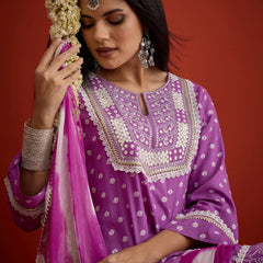 Stylum Women's Purple Bandhej Printed & Embroidered Rayon A-Line Short Kurti Farshi Salwar Dupatta Set (KSDPURPLEMARVIN)