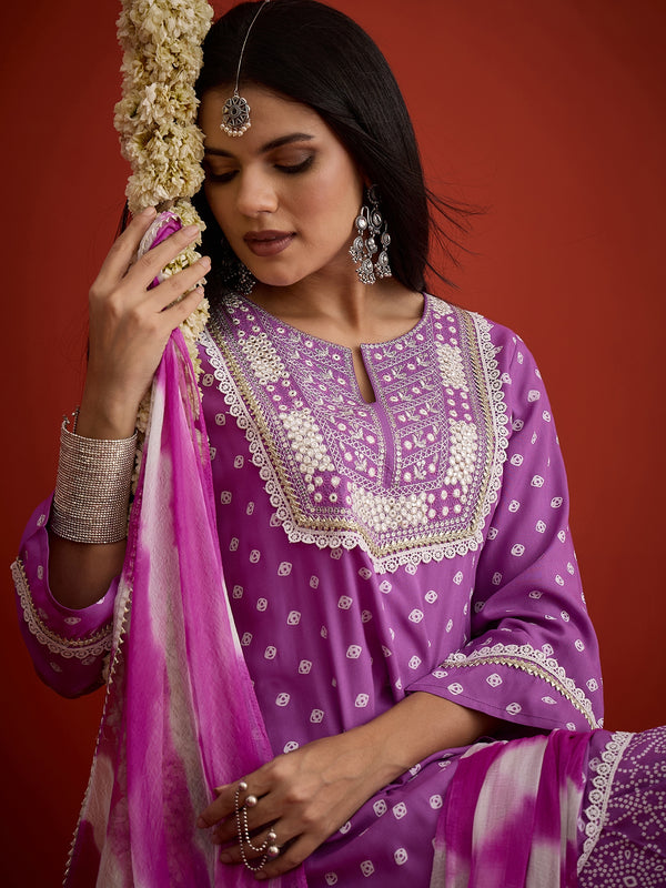 Stylum Women's Purple Bandhej Printed & Embroidered Rayon A-Line Short Kurti Farshi Salwar Dupatta Set (KSDPURPLEMARVIN)