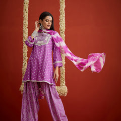 Stylum Women's Purple Bandhej Printed & Embroidered Rayon A-Line Short Kurti Farshi Salwar Dupatta Set (KSDPURPLEMARVIN)