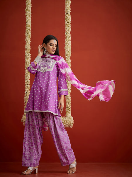Stylum Women's Purple Bandhej Printed & Embroidered Rayon A-Line Short Kurti Farshi Salwar Dupatta Set (KSDPURPLEMARVIN)