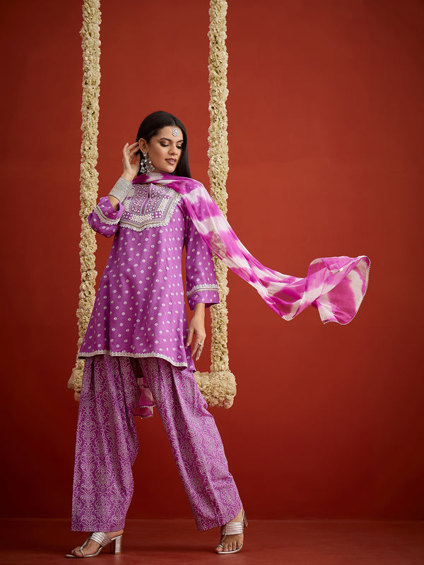 Stylum Women's Purple Bandhej Printed & Embroidered Rayon A-Line Short Kurti Farshi Salwar Dupatta Set (KSDPURPLEMARVIN)