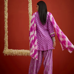 Stylum Women's Purple Bandhej Printed & Embroidered Rayon A-Line Short Kurti Farshi Salwar Dupatta Set (KSDPURPLEMARVIN)