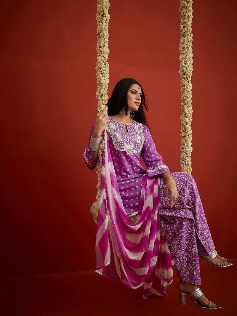 Stylum Women's Purple Bandhej Printed & Embroidered Rayon A-Line Short Kurti Farshi Salwar Dupatta Set (KSDPURPLEMARVIN)