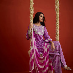 Stylum Women's Purple Bandhej Printed & Embroidered Rayon A-Line Short Kurti Farshi Salwar Dupatta Set (KSDPURPLEMARVIN)