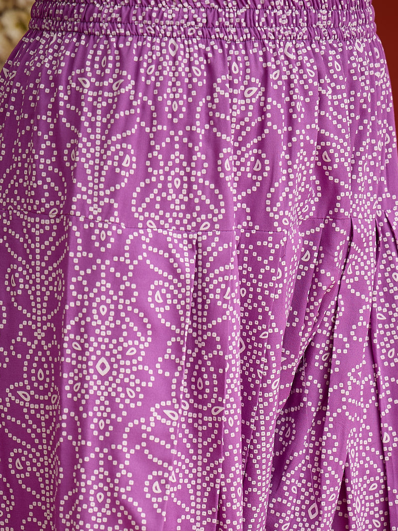 Stylum Women's Purple Bandhej Printed & Embroidered Rayon A-Line Short Kurti Farshi Salwar Dupatta Set (KSDPURPLEMARVIN)