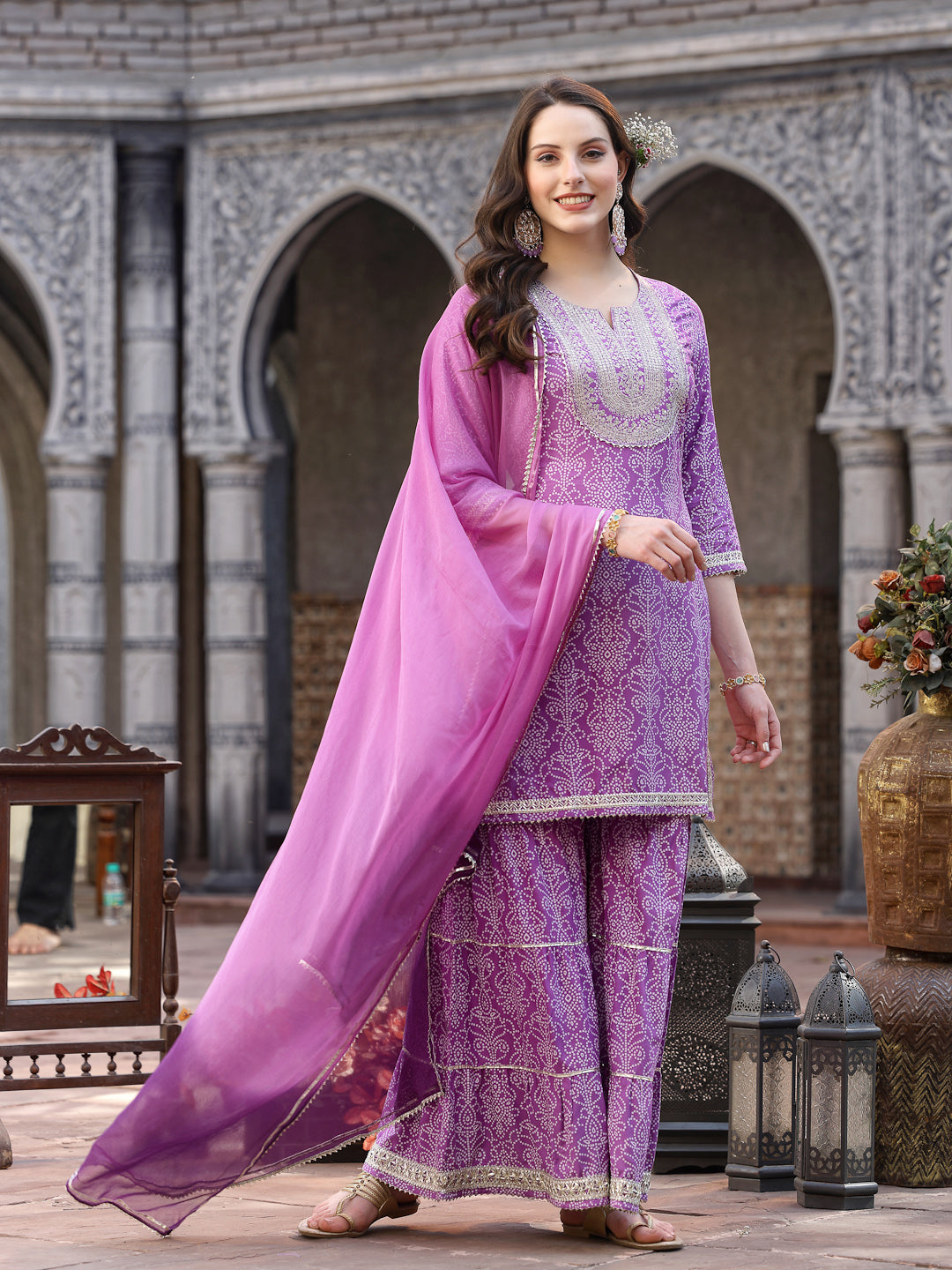 Women's Anarkali Lavender Floral Kurta Sets with Sharara & Dupatta Potli Bag