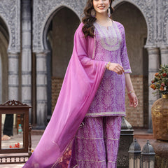 Stylum Women's Bandhej Printed & Embroidered Rayon Short Straight Kurta Sharara Dupatta Set (KSDPURPLEPOLO)