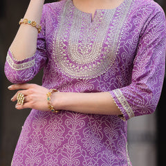 Stylum Women's Bandhej Printed & Embroidered Rayon Short Straight Kurta Sharara Dupatta Set (KSDPURPLEPOLO)