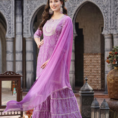 Stylum Women's Bandhej Printed & Embroidered Rayon Short Straight Kurta Sharara Dupatta Set (KSDPURPLEPOLO)