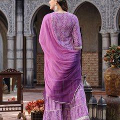 Stylum Women's Bandhej Printed & Embroidered Rayon Short Straight Kurta Sharara Dupatta Set (KSDPURPLEPOLO)