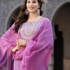 Stylum Women's Bandhej Printed & Embroidered Rayon Short Straight Kurta Sharara Dupatta Set (KSDPURPLEPOLO)