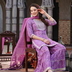 Stylum Women's Bandhej Printed & Embroidered Rayon Short Straight Kurta Sharara Dupatta Set (KSDPURPLEPOLO)