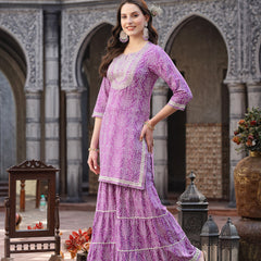 Stylum Women's Bandhej Printed & Embroidered Rayon Short Straight Kurta Sharara Dupatta Set (KSDPURPLEPOLO)