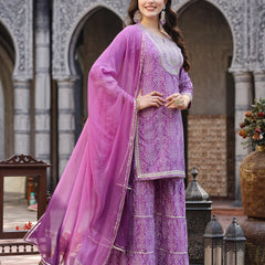 Stylum Women's Bandhej Printed & Embroidered Rayon Short Straight Kurta Sharara Dupatta Set (KSDPURPLEPOLO)