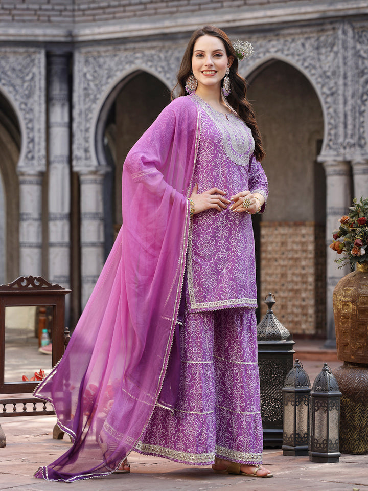 Women's Purple Chinon Sequence Straight Kurta Sharara With Dupatta