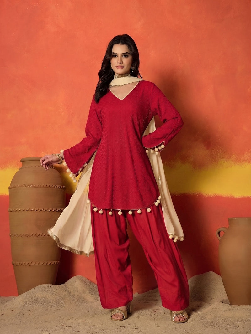 Stylum Women's Red Chikankari Rayon A-Line Kurti Farshi Salwar With Dupatta Set (KSDREDAJMAL)