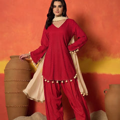 Stylum Women's Red Chikankari Rayon A-Line Kurti Farshi Salwar With Dupatta Set (KSDREDAJMAL)
