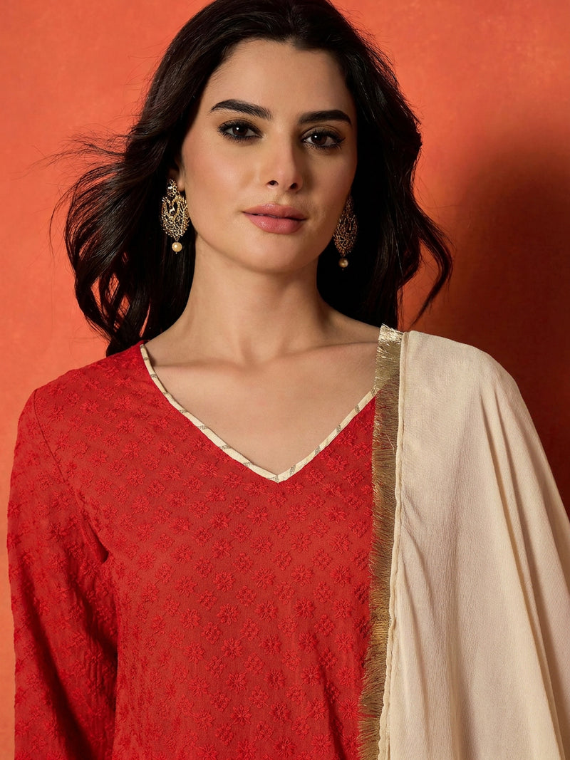 Stylum Women's Red Chikankari Rayon A-Line Kurti Farshi Salwar With Dupatta Set (KSDREDAJMAL)