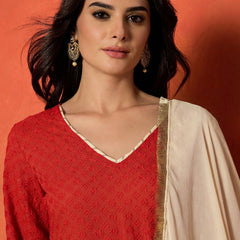 Stylum Women's Red Chikankari Rayon A-Line Kurti Farshi Salwar With Dupatta Set (KSDREDAJMAL)