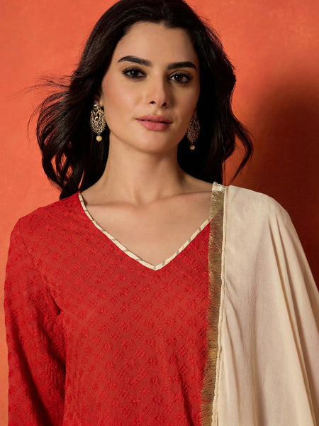 Stylum Women's Red Chikankari Rayon A-Line Kurti Farshi Salwar With Dupatta Set (KSDREDAJMAL)