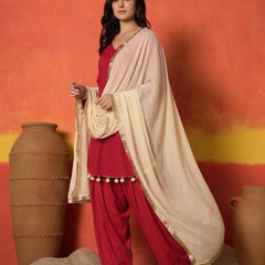 Stylum Women's Red Chikankari Rayon A-Line Kurti Farshi Salwar With Dupatta Set (KSDREDAJMAL)