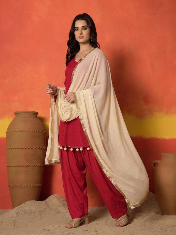 Stylum Women's Red Chikankari Rayon A-Line Kurti Farshi Salwar With Dupatta Set (KSDREDAJMAL)