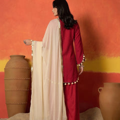 Stylum Women's Red Chikankari Rayon A-Line Kurti Farshi Salwar With Dupatta Set (KSDREDAJMAL)