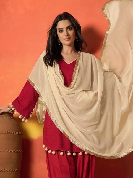Stylum Women's Red Chikankari Rayon A-Line Kurti Farshi Salwar With Dupatta Set (KSDREDAJMAL)